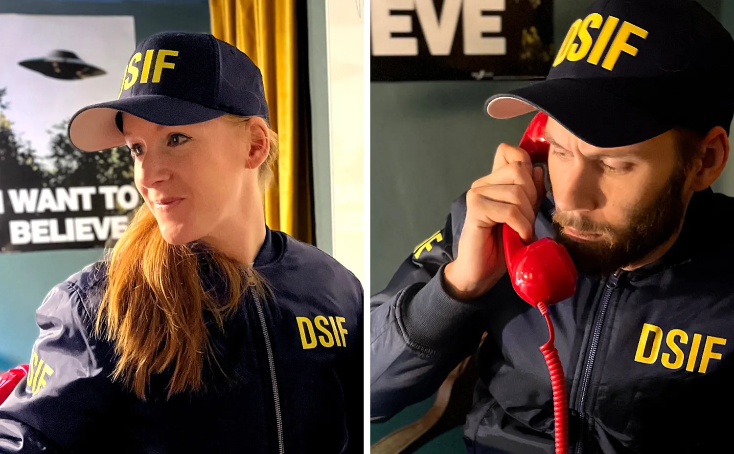 Two people in navy DSIF jackets and caps in front of a poster reading I want to believe