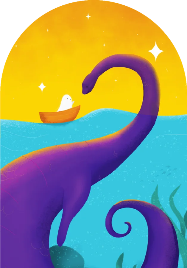 Illustration of a small ghost in a rowing boat meeting a purple lake monster against a yellow evening sky