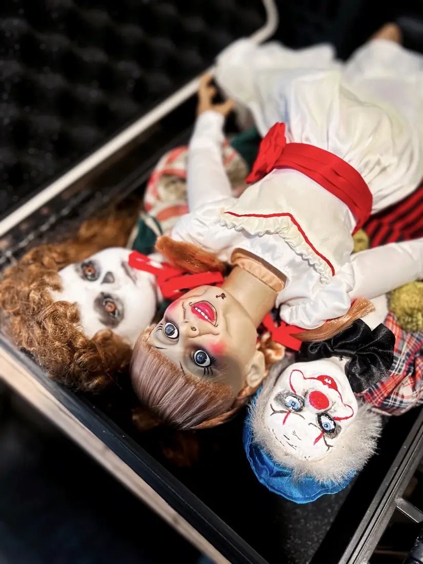 Three dolls with painted faces lying in a foam-lined equipment case